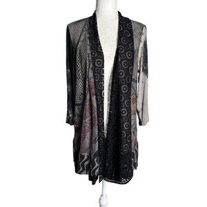 Ali Miles Mixed Media Open Front Cardigan Large Rayon Blend Multicolor Duster